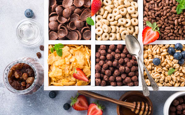 honey leaf spoon berry blueberry strawberry cereal still life food breakfast HD Desktop Wallpaper | Background Image