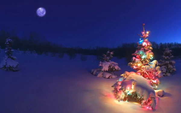 A beautifully lit Christmas tree surrounded by a blanket of snow under a starry night sky, creating a festive winter holiday atmosphere.