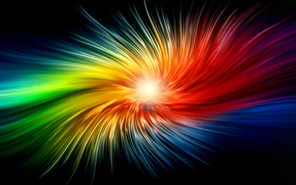 HD desktop wallpaper featuring an abstract burst of colors, including orange, purple, yellow, green, blue, and red, radiating from a bright center against a black background.