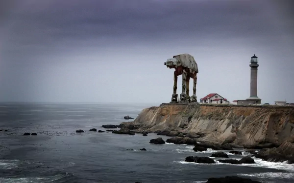 A striking HD wallpaper featuring an AT-AT Walker beside a lighthouse, set against a moody ocean backdrop, merging futuristic design with natural scenery.
