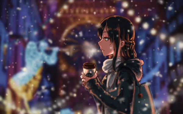 Anime-style HD desktop wallpaper featuring a brown-haired character with yellow eyes, wearing a scarf and carrying a bag, holding a coffee cup amidst a snowy, blurred cityscape.
