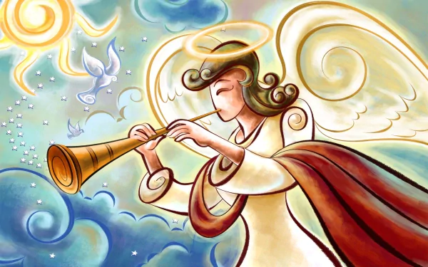 HD wallpaper depicting a Christian religious illustration of an angel playing a trumpet amid clouds and doves, set against a celestial background.
