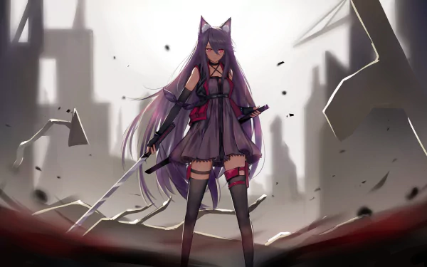4K Ultra HD wallpaper of a cat girl from Arknights wielding a sword, standing confidently in a ruined urban landscape with soft lighting and dynamic shadows.