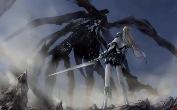A powerful scene from the anime Claymore, featuring a warrior facing a massive, shadowy creature amidst a dramatic landscape, presented as an HD desktop wallpaper.