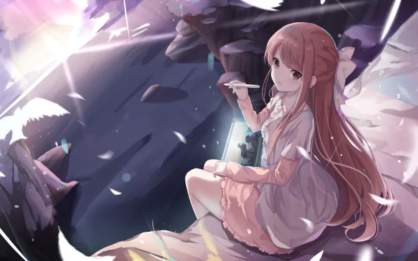 Anime-style artwork depicting a girl with long hair sitting on a cliff with a serene background. The scene is peaceful and ambient, making it a captivating HD desktop wallpaper and background.