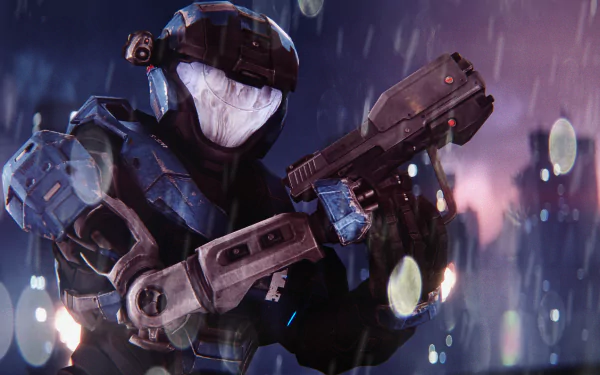 HD PC desktop wallpaper featuring Kat-B320 from the video game Halo: Reach, depicted in detailed armor holding a weapon amid a rainy, neon-lit backdrop.