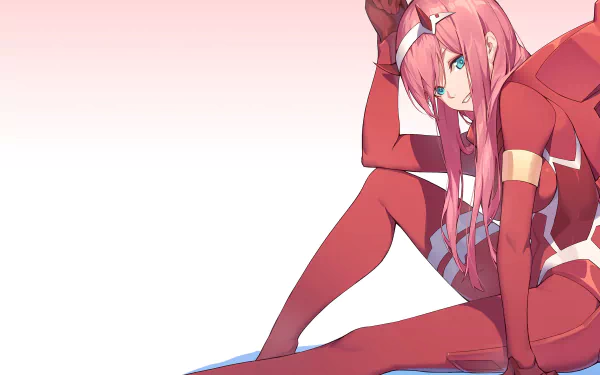 Anime character Zero Two from Darling in the FranXX with long pink hair, blue eyes, and a red bodysuit, smiling against a white background in 4K Ultra HD.