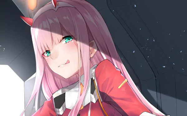 Close-up of Zero Two from Darling in the FranXX with pink hair and teal eyes, rendered in vibrant 4K Ultra HD anime style for a PC desktop background.