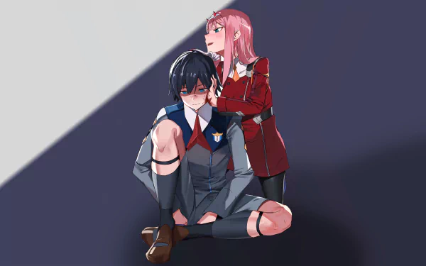 Hiro and Zero Two from Darling in the FranXX depicted in an 8K Ultra HD anime wallpaper with vibrant colors and detailed character designs.