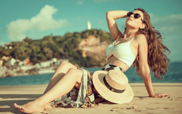 Women Model Hat Sunglasses Sand Mood Long Hair Brunette HD Wallpaper | Background Image