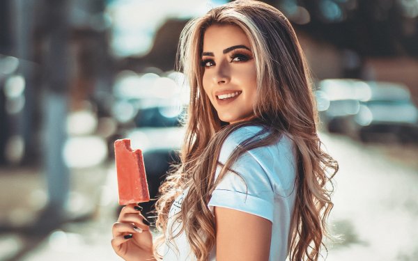 Women Model Depth Of Field Smile Brunette Long Hair Ice Cream Popsicle HD Wallpaper | Background Image