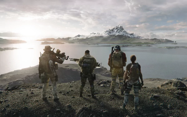 4K Ultra HD PC desktop background from Tom Clancy's Ghost Recon Breakpoint video game: four armed warriors with guns stand on a rocky ridge gazing at a distant mountain and sea.