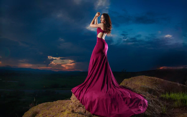 purple dress black hair dress woman model HD Desktop Wallpaper | Background Image