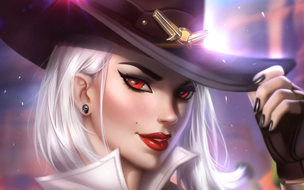 Video Game Overwatch Ashe Lipstick Face Red Eyes White Hair Hat HD Wallpaper | Background Image
