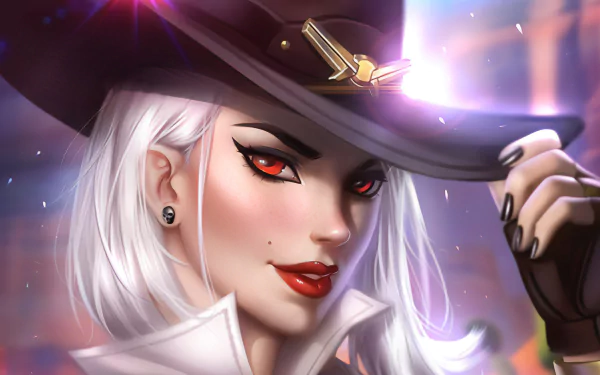HD desktop wallpaper of Ashe from Overwatch featuring her white hair, red eyes, and signature hat with bold makeup and a confident expression.