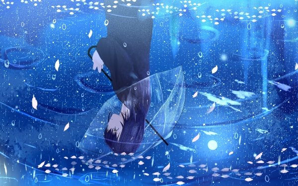 Anime Girl Rain Umbrella Purple Hair Reflection Sakura HD Wallpaper | Background Image