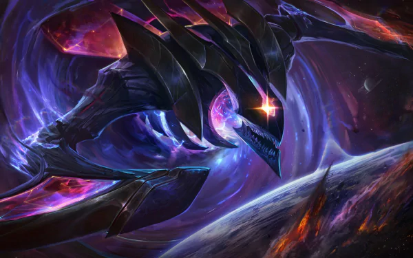 HD PC desktop wallpaper featuring Kha'Zix from the video game League of Legends, showcasing the character in a cosmic, dark-themed environment.