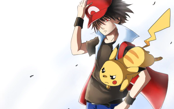 HD PC desktop wallpaper of Red from Pokémon: Red and Blue, tipping his cap while Pikachu rides on his shoulder — stylized video game art for a Pokémon background.