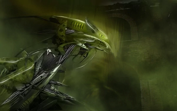 Abstract green HD desktop wallpaper featuring a futuristic robot with intricate details, set against a dark, technology-themed background.