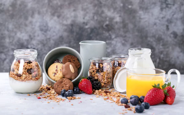 still life granola yogurt juice cookie berry food breakfast HD Desktop Wallpaper | Background Image