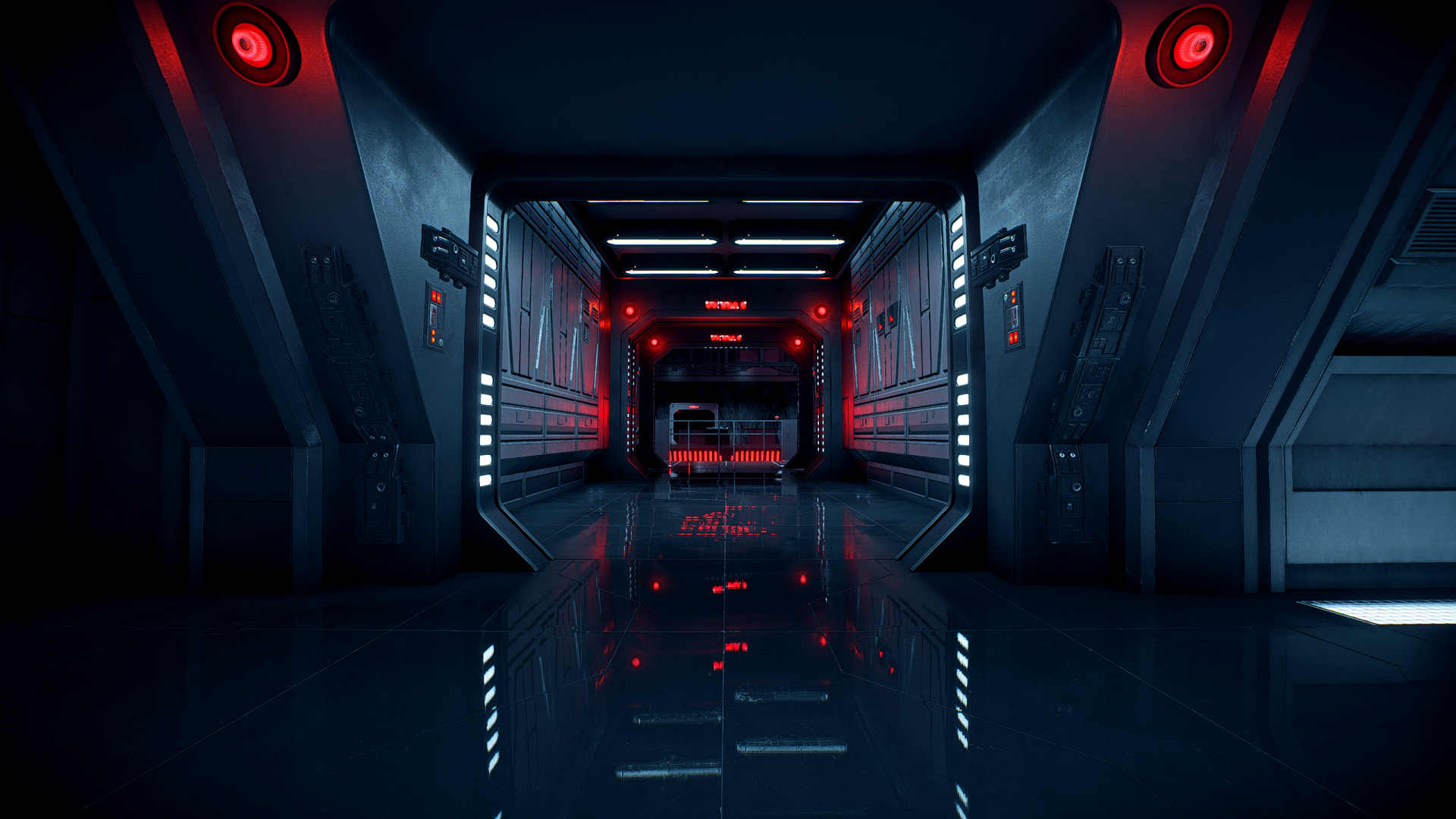 HD PC desktop wallpaper showcasing a dark, futuristic corridor from the video game Star Wars Battlefront II (2017) with red and blue lighting effects.