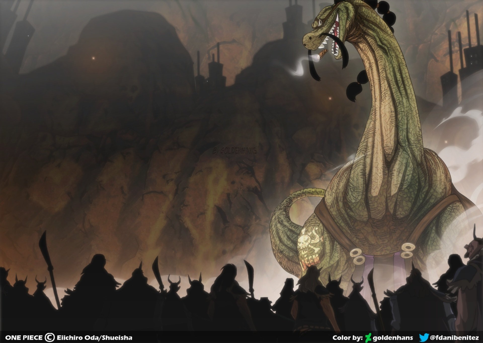 HD anime desktop wallpaper featuring Queen from One Piece confronting a massive, serpent-like creature amid a smoky, industrial battleground.