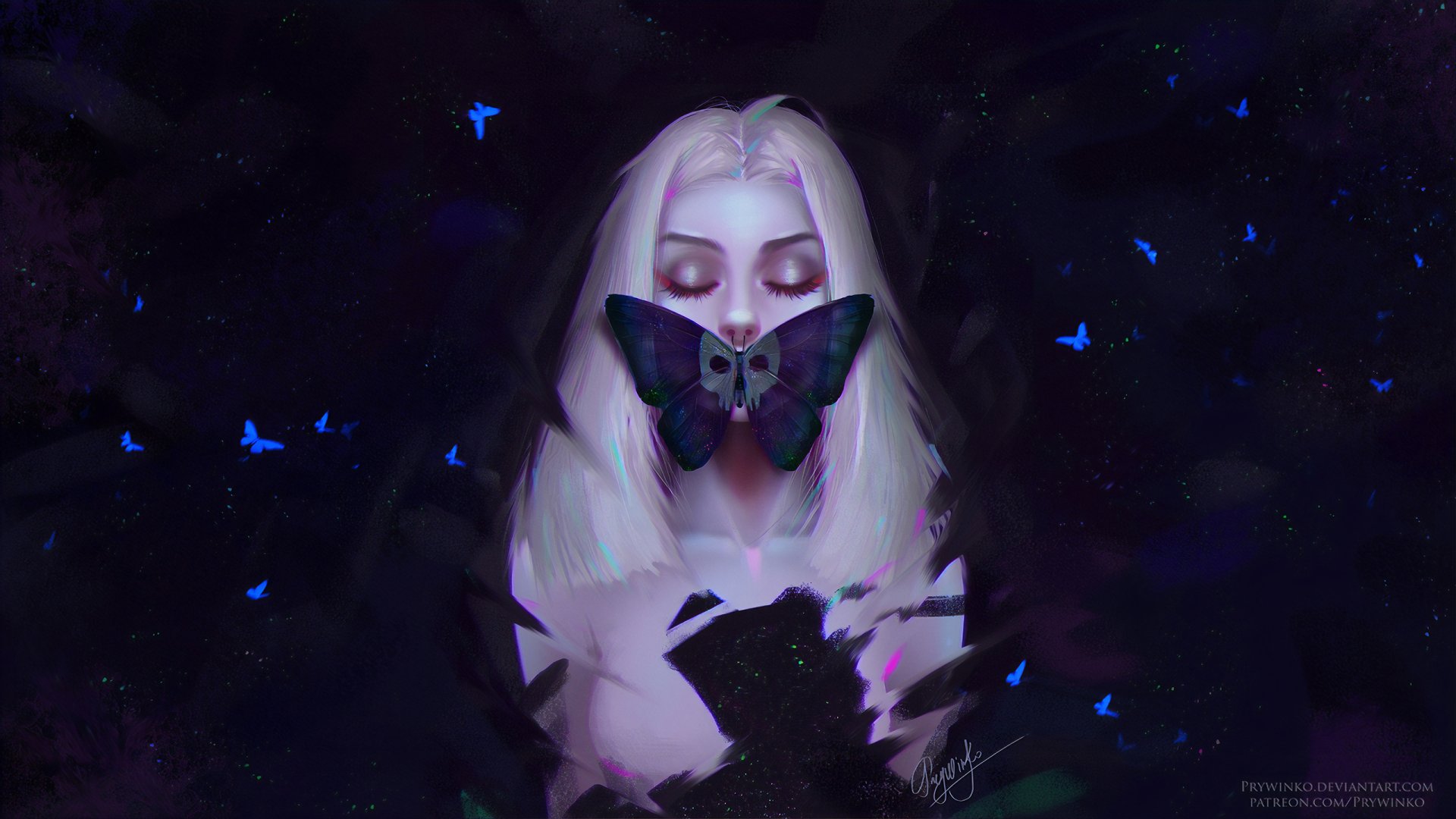 Artistic HD PC desktop wallpaper featuring a woman with white hair and a large butterfly covering her mouth, surrounded by glowing blue butterflies against a dark background.
