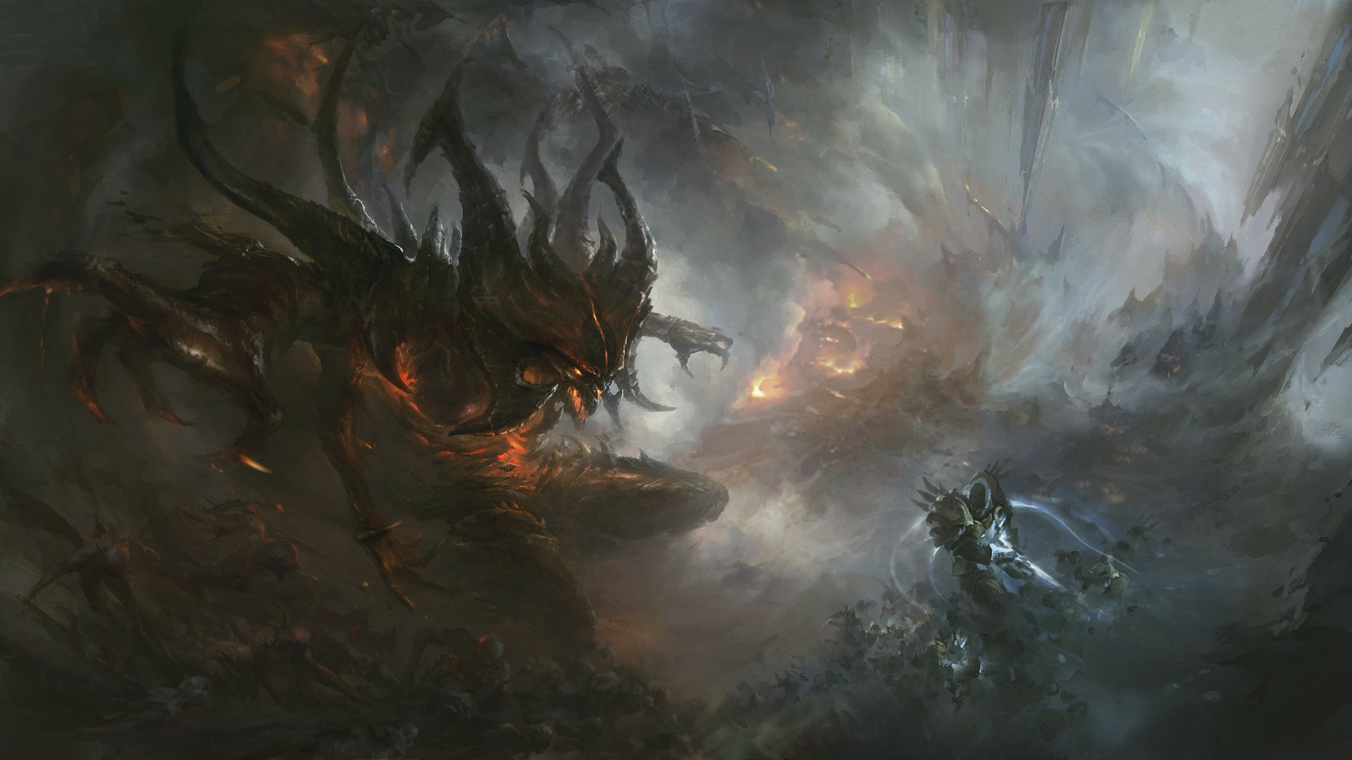 HD Diablo III video game desktop wallpaper: massive demonic Diablo confronts angelic Tyrael amid a stormy, ash-choked battlefield.