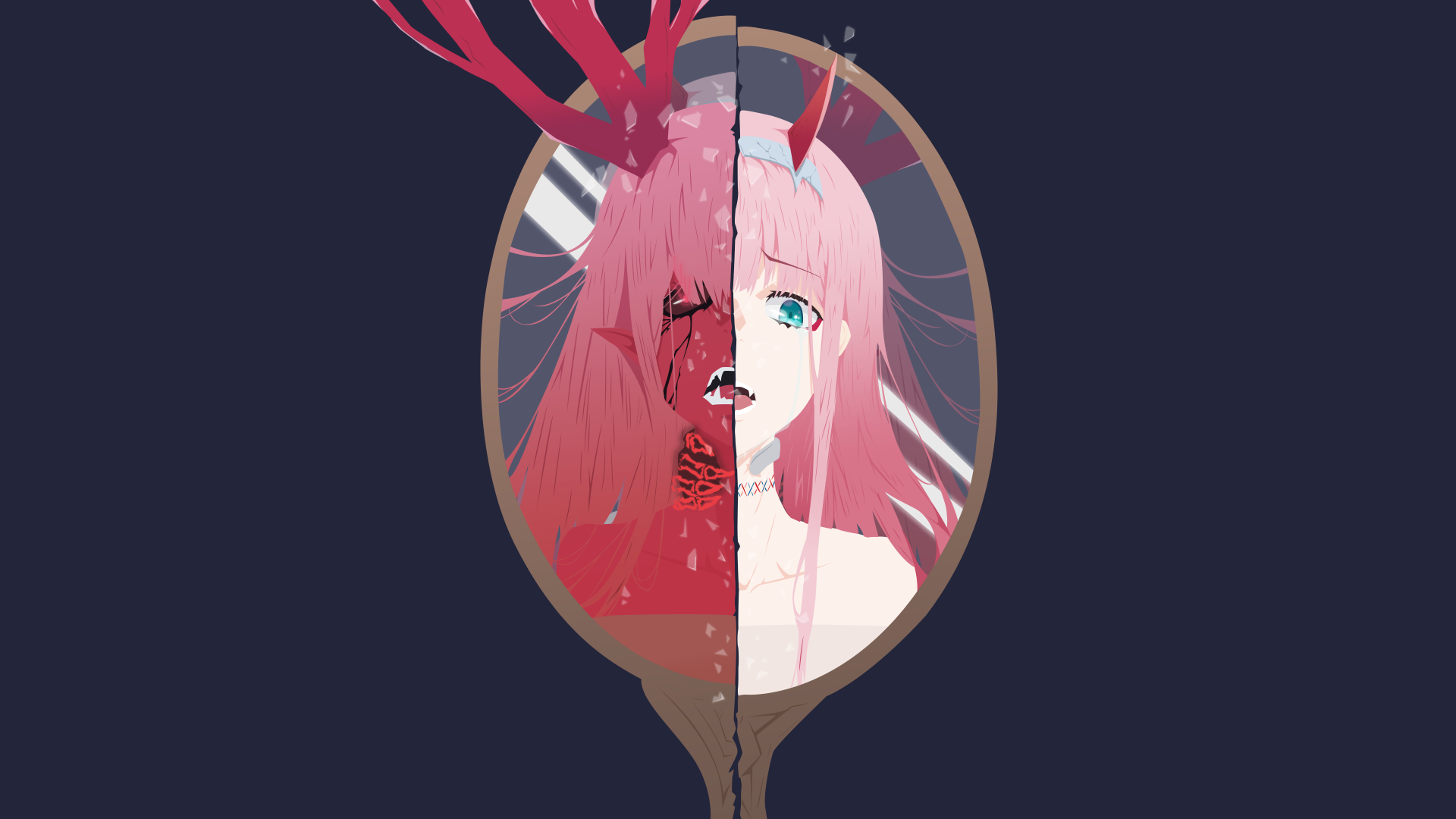 4K Ultra HD anime wallpaper featuring Zero Two from Darling in the FranXX, depicted with a split-face design reflected in a hand mirror.