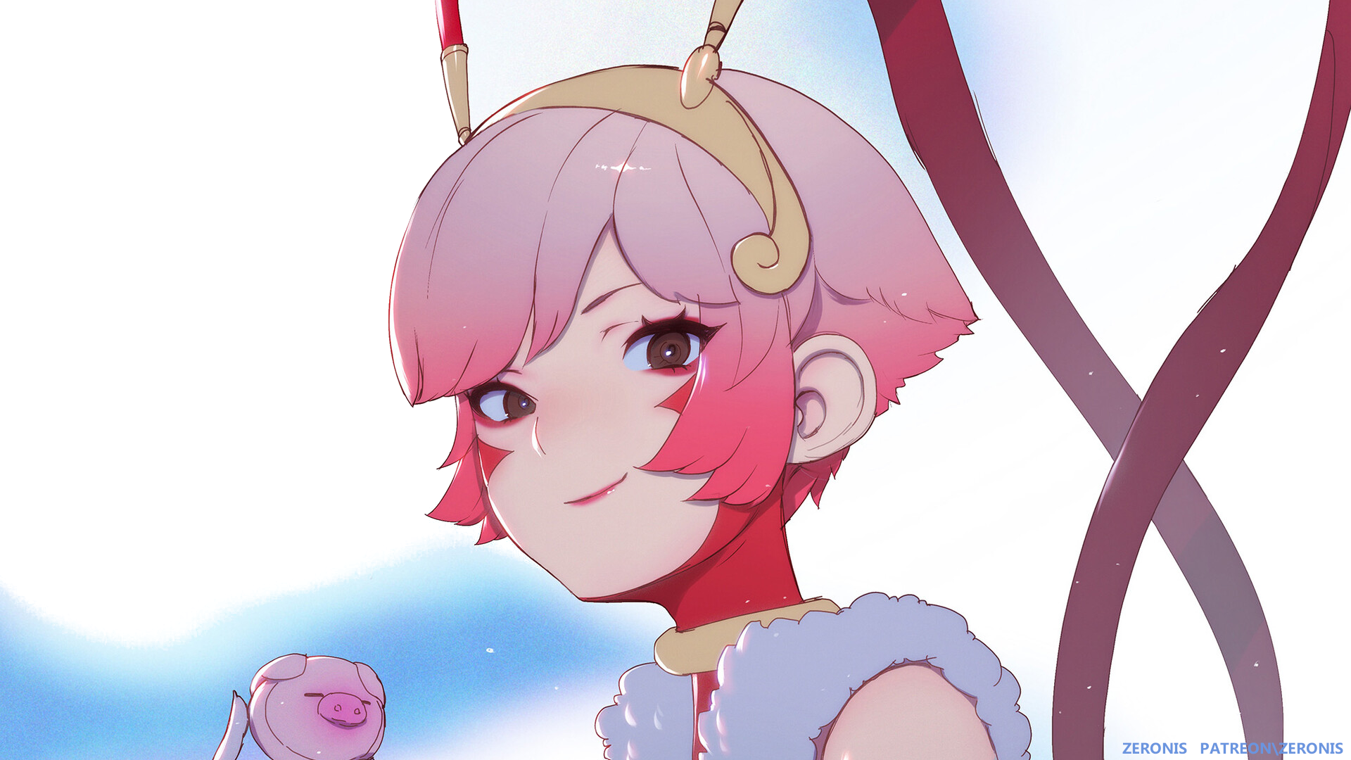 Anime-style HD PC wallpaper featuring an original Sun Wukong character with pink hair and a confident expression against a bright sky background.