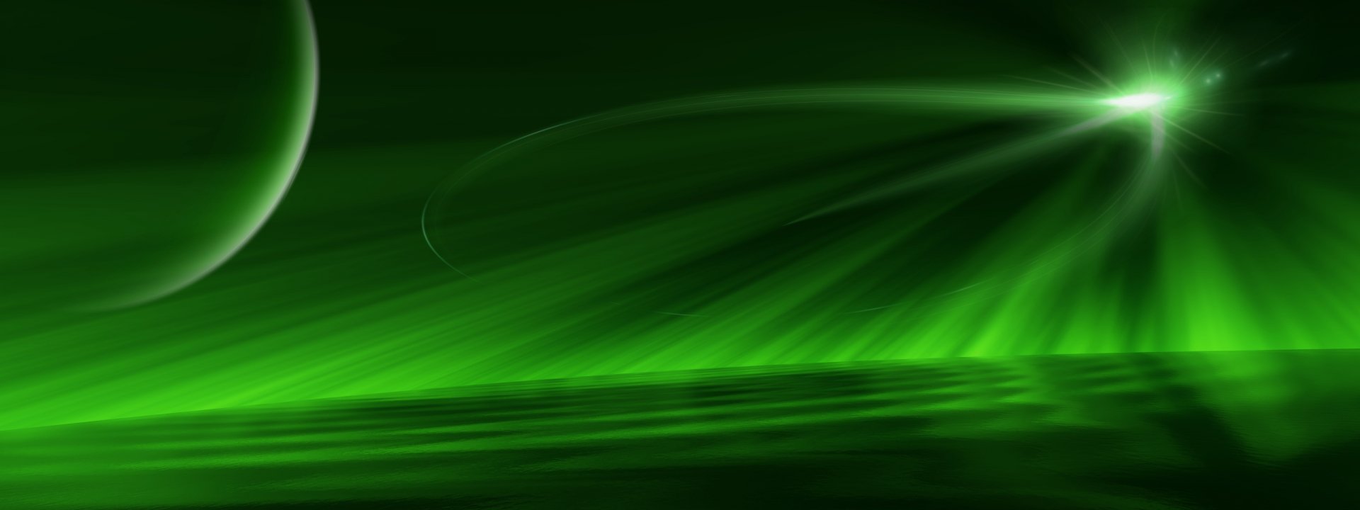 A captivating HD desktop wallpaper featuring a green sci-fi landscape with a distant planet and star, set against dynamic light waves in space.