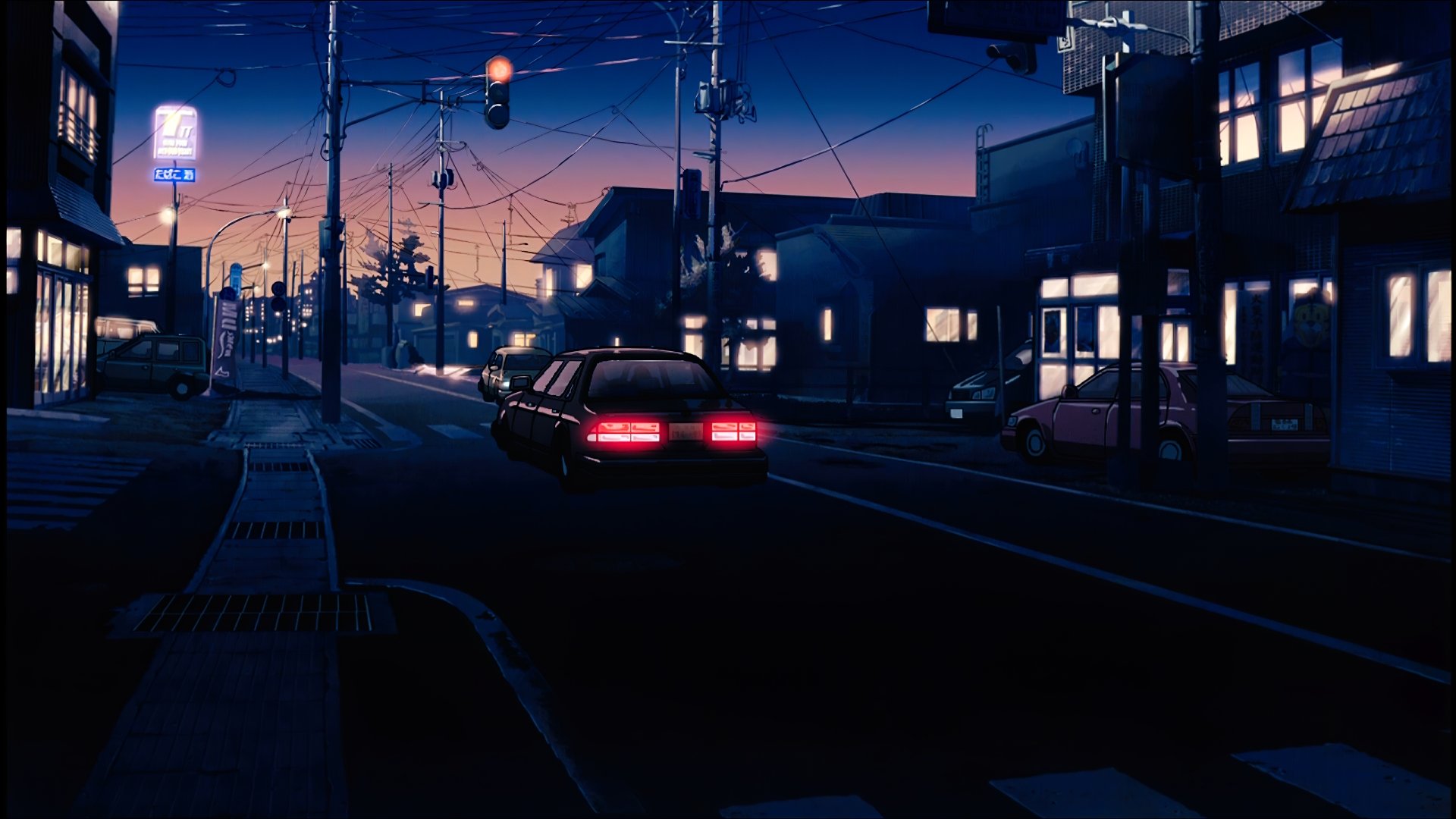 Anime scene from The Place Promised In Our Early Days depicting a quiet urban street at dusk, captured in 8K Ultra HD for PC desktop background.