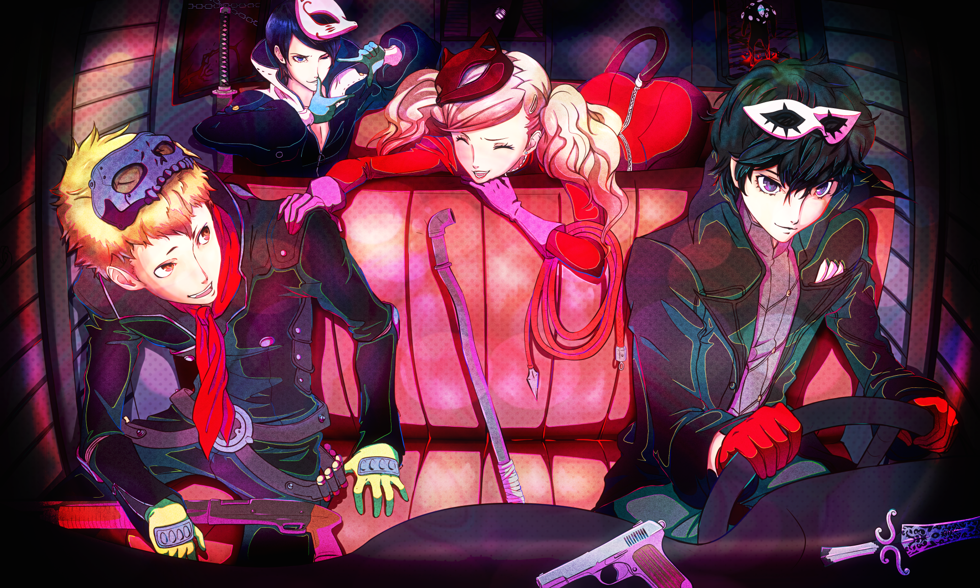 4K Ultra HD wallpaper featuring Yusuke Kitagawa, Ann Takamaki, Joker, and Ryuji Sakamoto from the video game Persona 5 in a vibrant, dynamic scene.