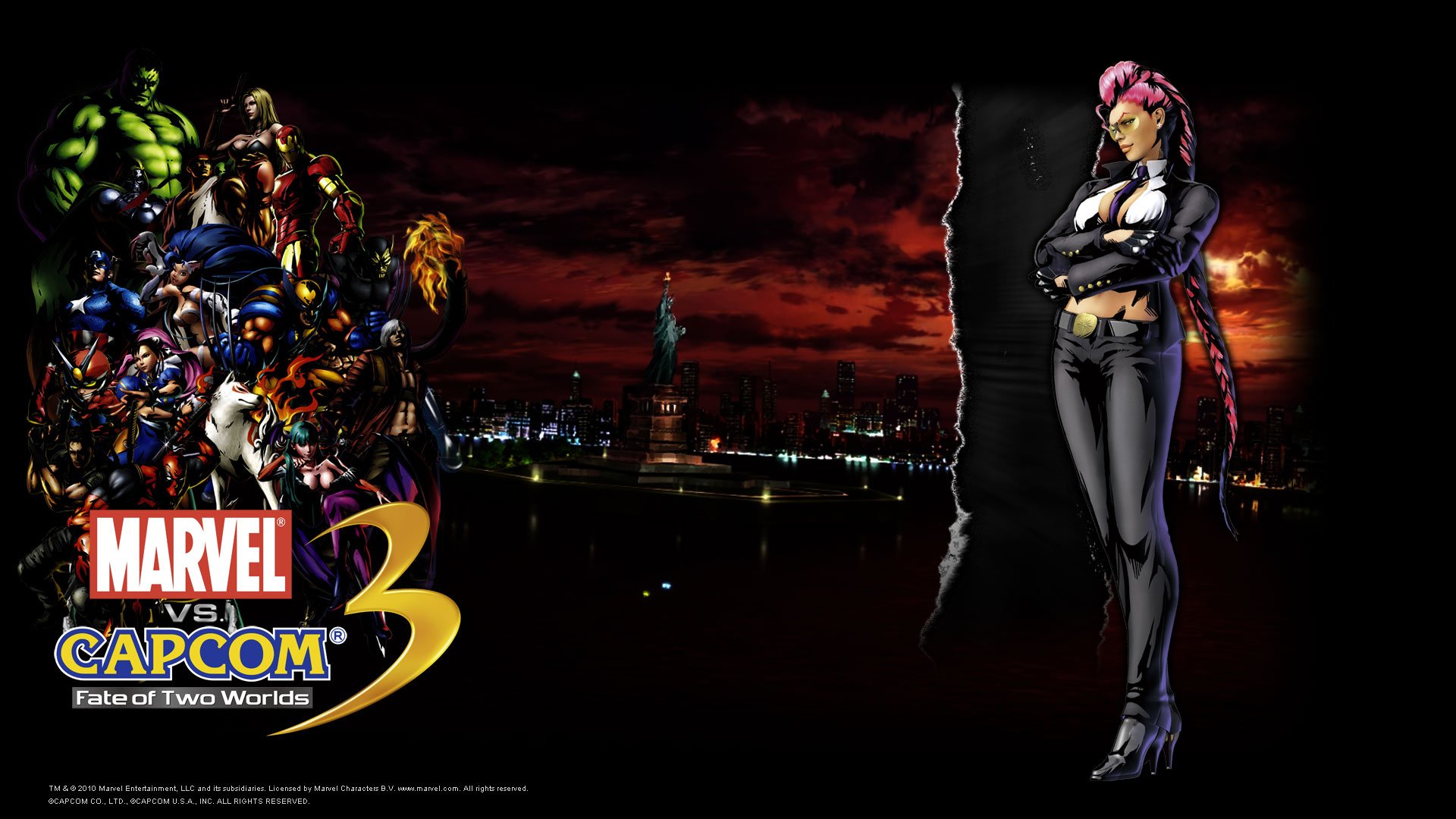 HD desktop wallpaper for Marvel vs. Capcom 3: Fate of Two Worlds featuring Amaterasu, Wolverine, Iron Man, Hulk, Captain America clustered left, Crimson Viper posed right over a dark city skyline.