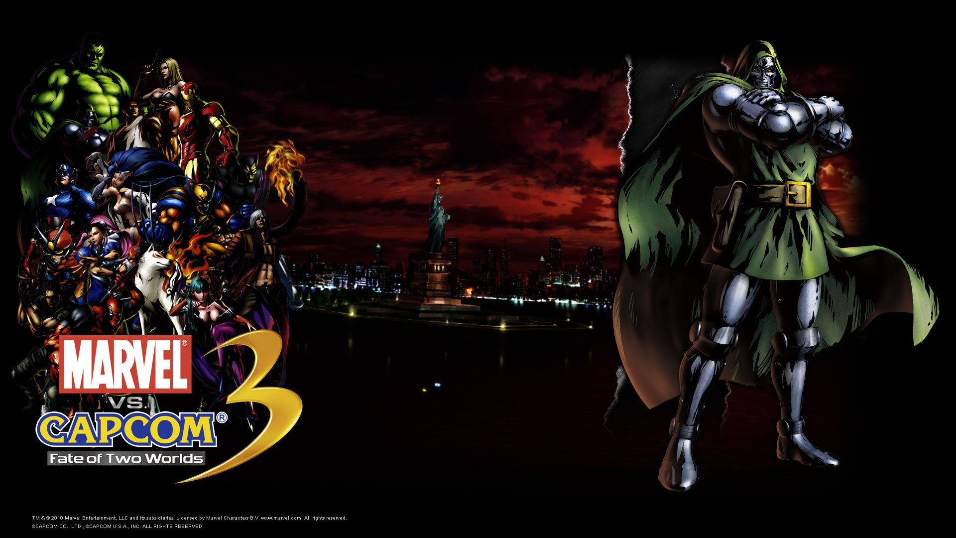 HD PC desktop wallpaper featuring Marvel vs. Capcom 3: Fate of Two Worlds characters including Iron Man, Amaterasu, Captain America, Wolverine, Hulk, and Doctor Doom.