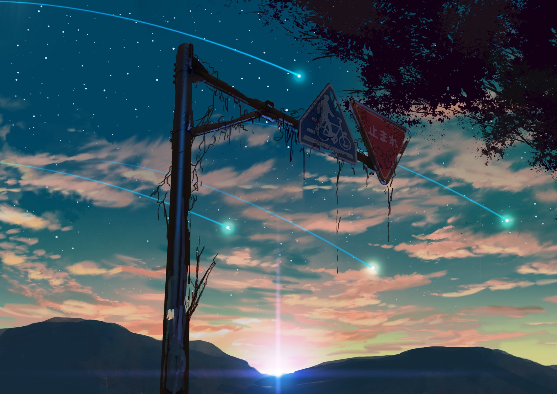 A stunning HD anime desktop wallpaper of a starry sky at sunset with shooting stars and an old signpost in view.