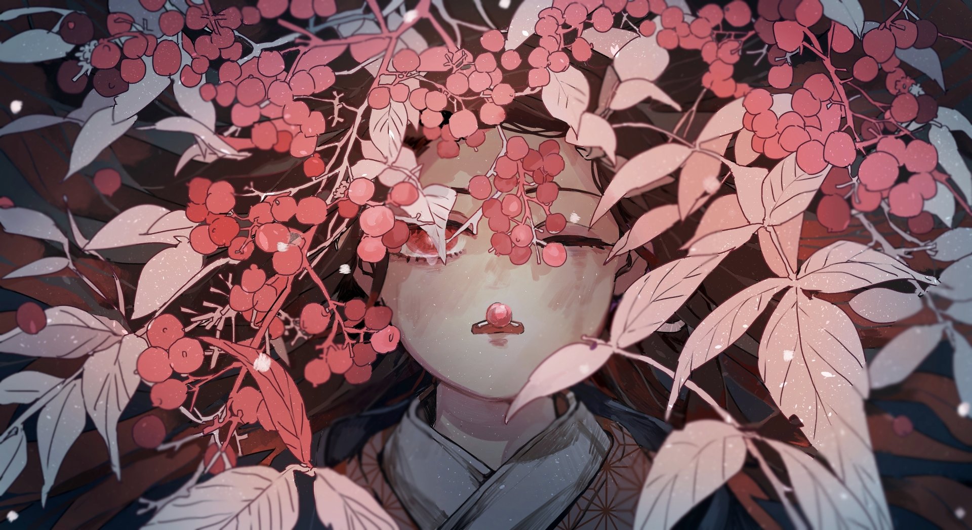 4K Ultra HD anime wallpaper featuring Nezuko Kamado from Demon Slayer: Kimetsu no Yaiba, surrounded by stylized pink and red foliage, creating a vibrant and atmospheric scene.