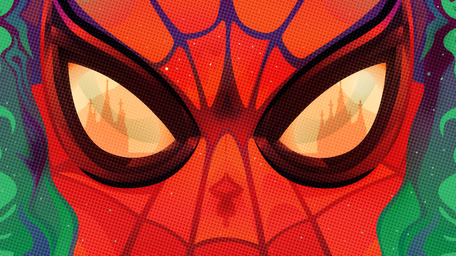 Vibrant 4K Ultra HD PC wallpaper close-up of Spider-Man's mask with glowing reflective eyes, comic-dot texture and color tones referencing Spider-Man: Far From Home.
