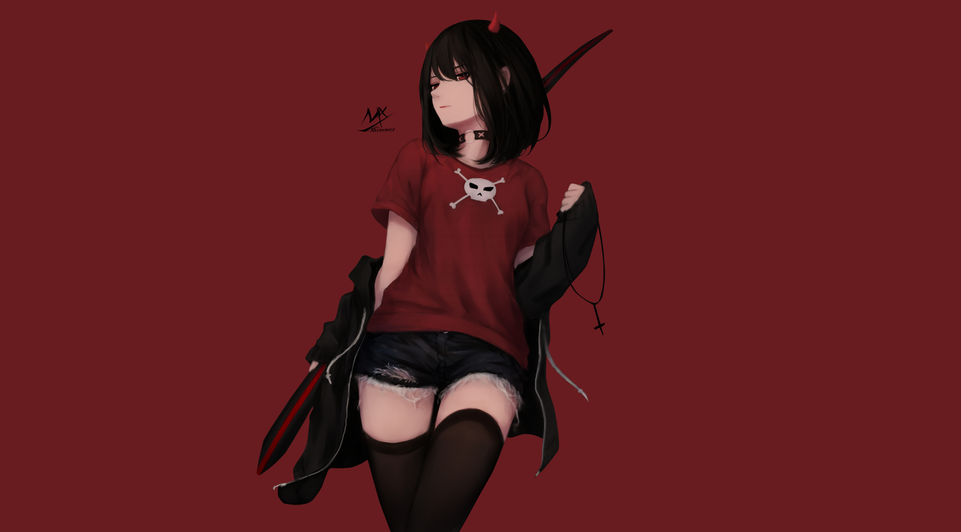 HD desktop wallpaper featuring an anime girl with short black hair, wearing a red shirt with a skull design, black shorts, and thigh-high stockings, set against a dark red background.
