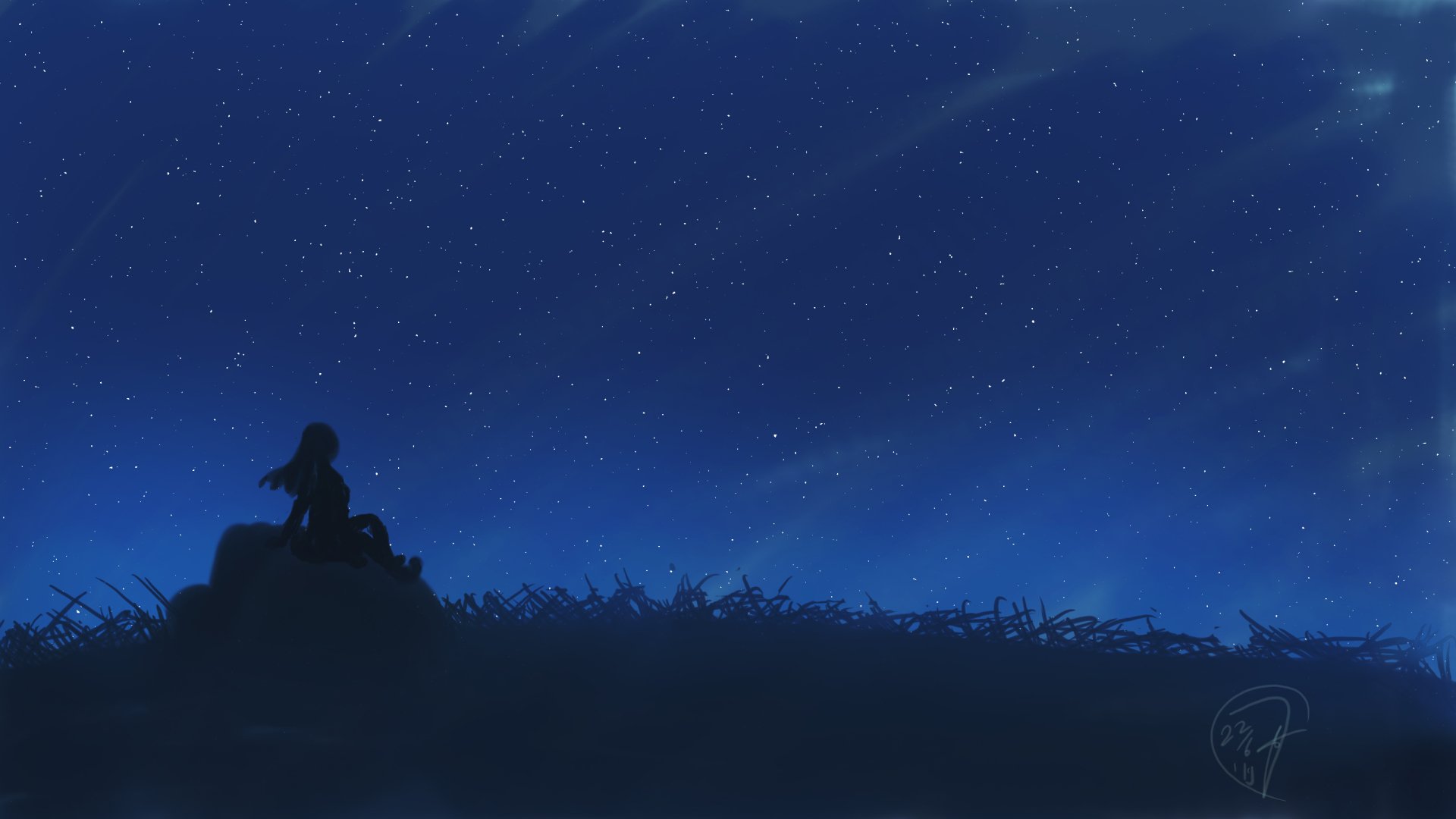 Download Grass Blue Sky Star Night Woman Artistic HD Wallpaper by