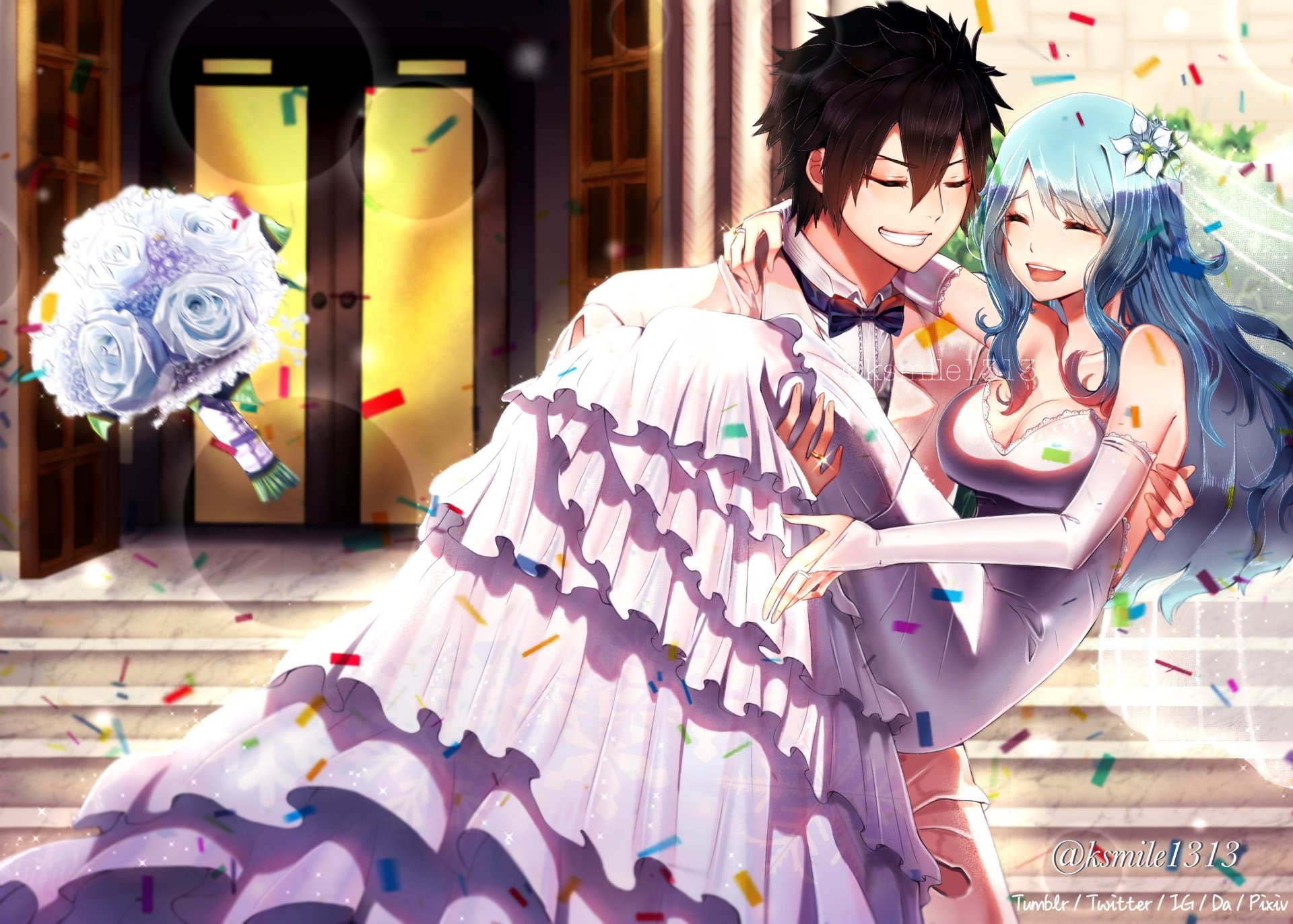 Juvia Lockser and Gray Fullbuster (Fairy Tail) share a joyous wedding embrace on marble steps amid falling confetti — 2K Quad HD PC desktop wallpaper/background.