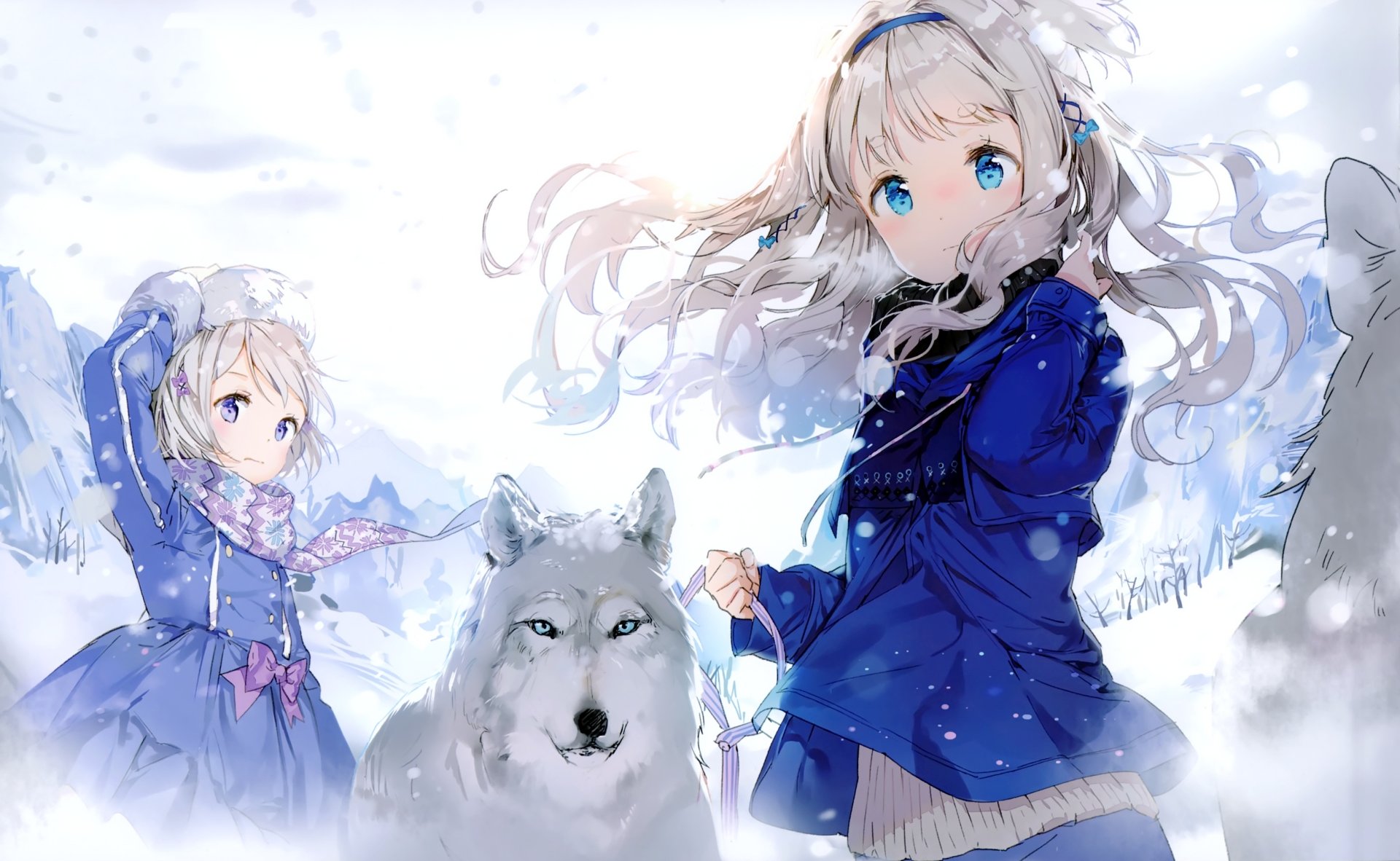 Anime-style winter scene featuring an anime girl with a wolf, set against a snowy background. HD desktop wallpaper and background.