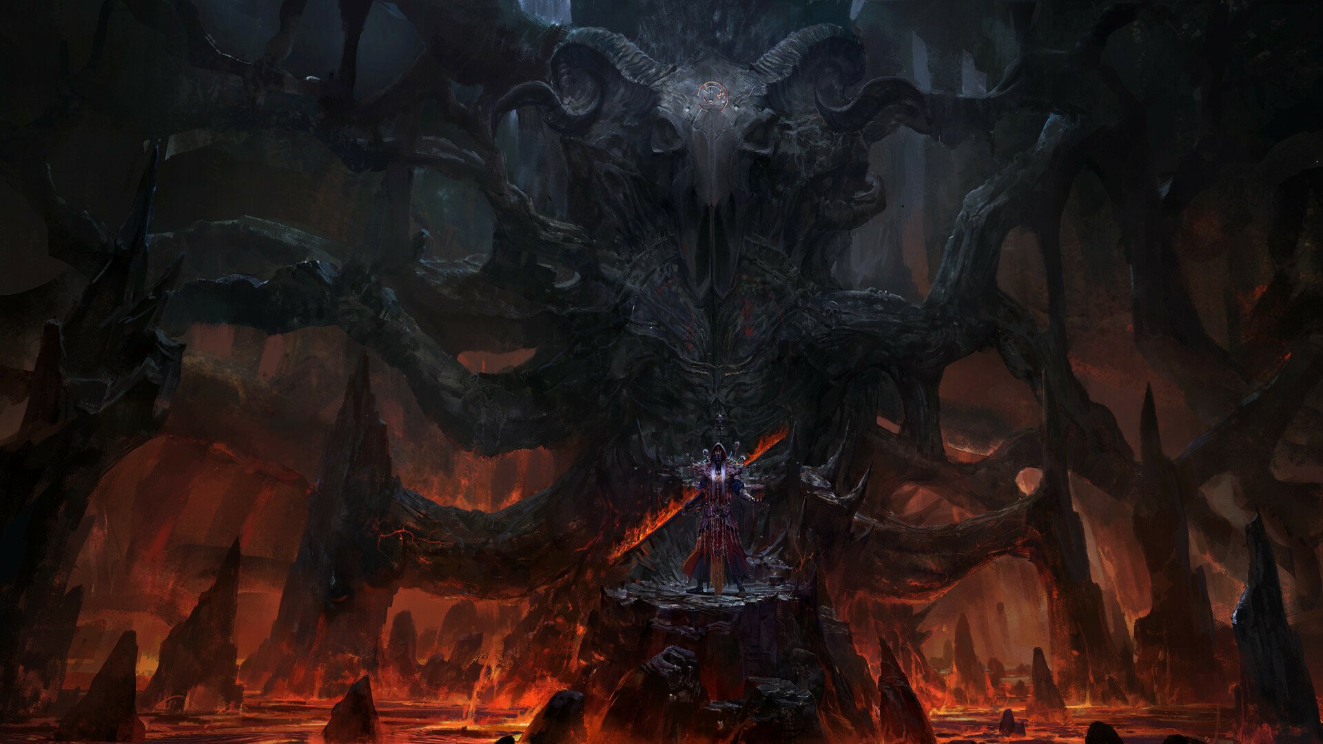 Dark sorcerer stands before a towering, demonic figure amidst a fiery, hellish landscape in this HD PC desktop wallpaper and background.