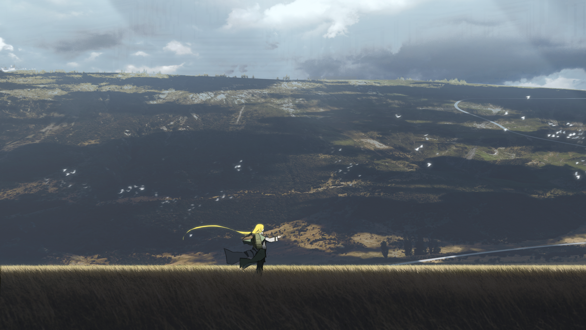 A blonde anime character stands in a vast landscape under a cloudy sky, rendered in detailed 4K Ultra HD for a PC desktop wallpaper.