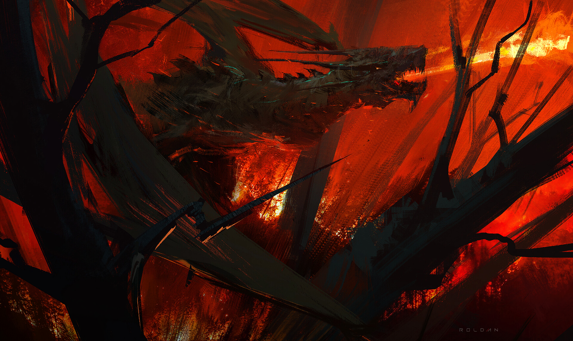 HD fantasy PC desktop wallpaper featuring a fierce dragon engulfed in fiery red and black tones amidst dark, jagged branches.