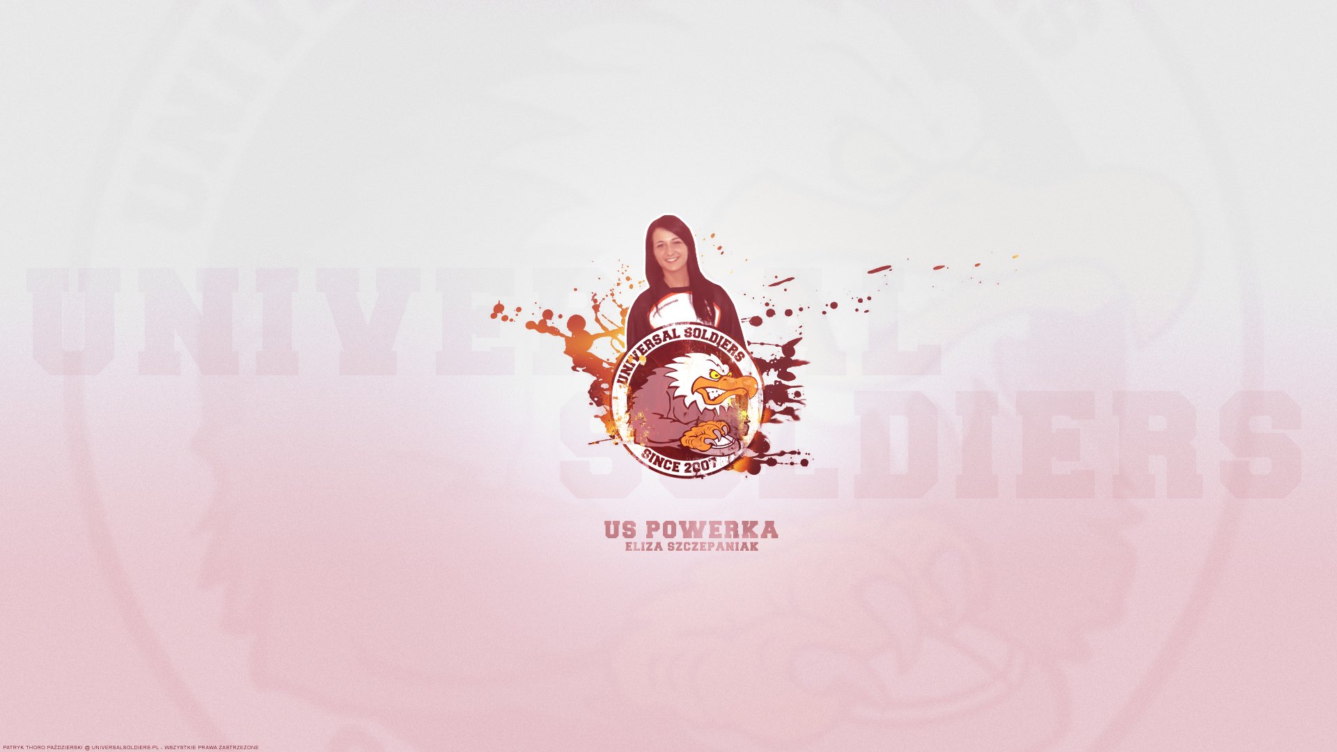 HD PC desktop wallpaper featuring a US Universal Soldiers emblem from the Counter Strike video game series with a female soldier illustration and dynamic splatter design.