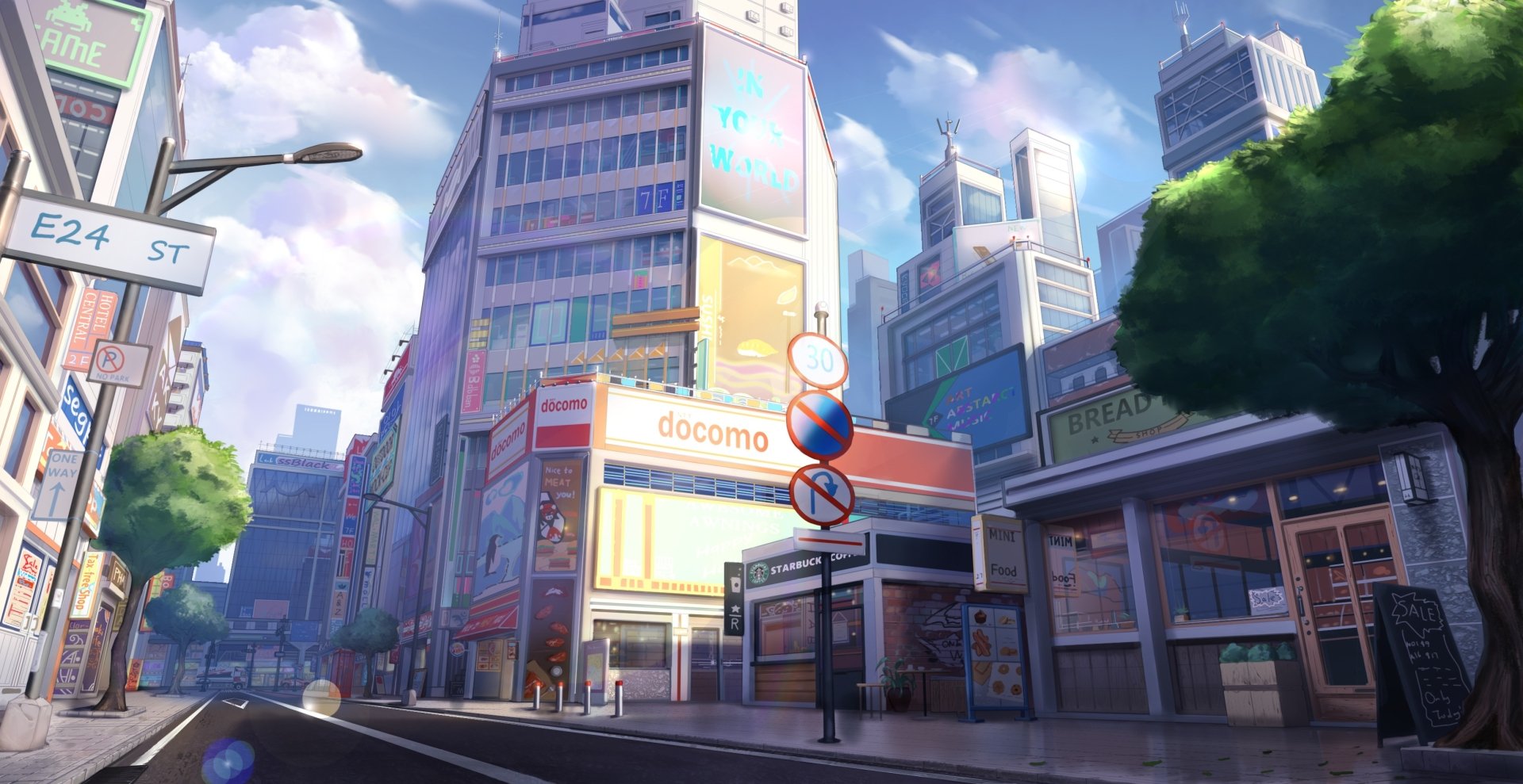 Anime-style cityscape with modern buildings, clear sky, and detailed streets, presented as a high-definition PC desktop wallpaper background.