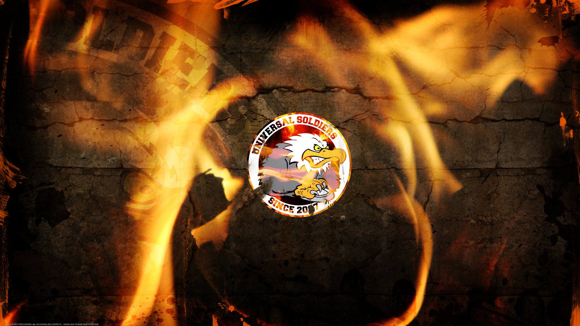 HD PC desktop wallpaper featuring fiery effects and the US Universal Soldiers emblem, inspired by the Counter Strike video game series.