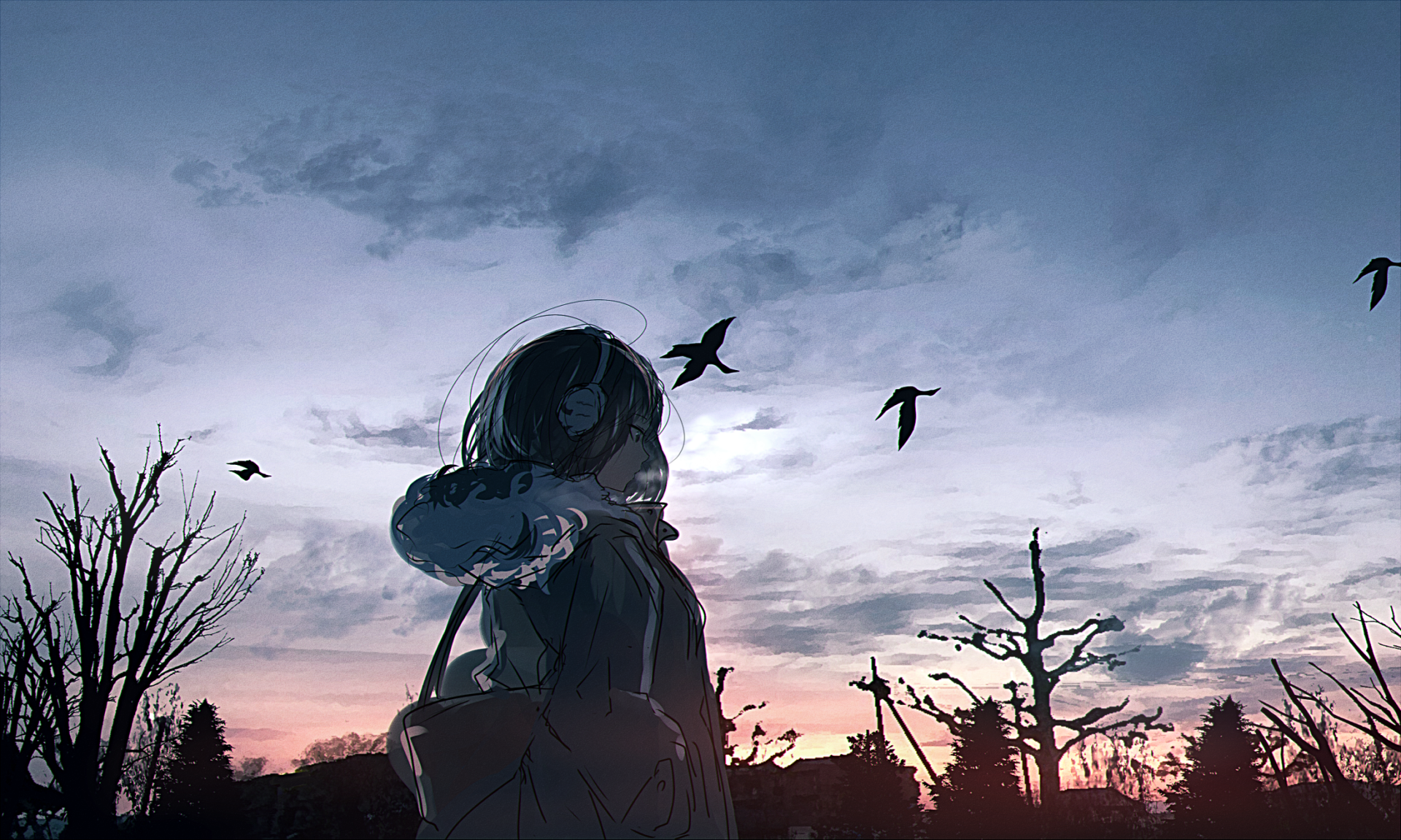 A serene anime scene captures a figure gazing at the twilight sky, with birds silhouetted against a dusky backdrop. This original HD desktop wallpaper exudes tranquility and contemplative beauty.