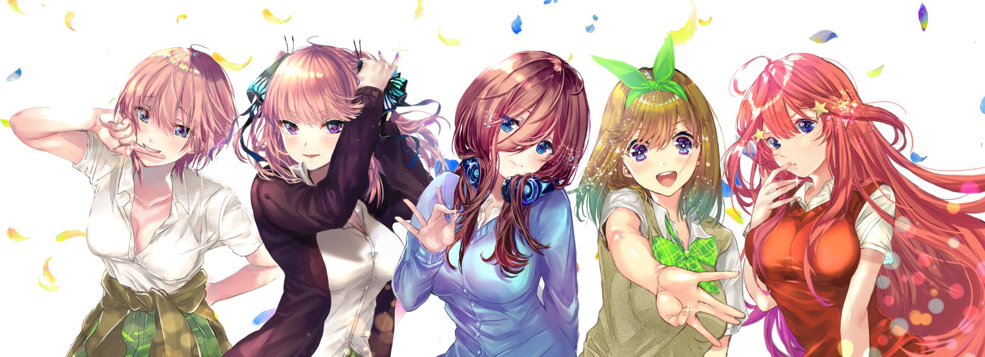 HD desktop wallpaper and background featuring the characters Itsuki Nakano, Yotsuba Nakano, Miku Nakano, Nino Nakano, and Ichika Nakano from the anime The Quintessential Quintuplets.